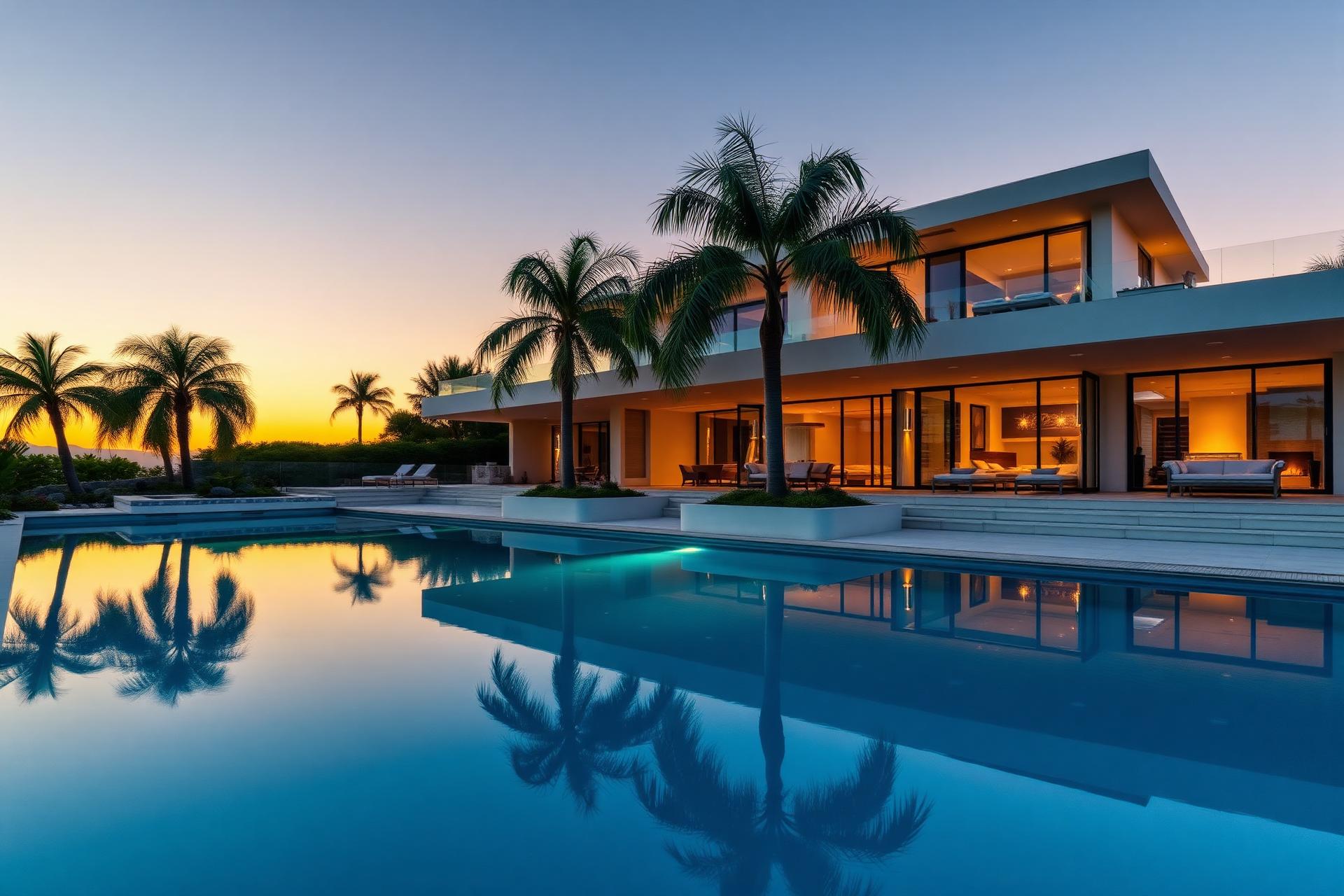 Luxury Beverly Hills mansion at sunset